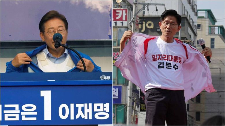 이재명 후보가 21일 인천 계양에서 방탄복을 보여주며 자신에 대한 피습과 김문수 후보의 조롱을 비판하고 있다.(왼쪽 사진) 김문수 후보가 26일 경기 오산에서 자신은 방탄복을 입지 않았다며 웃옷을 벗어 보이고 있다.