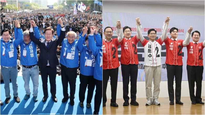 선거 운동 첫날인 12일 이재명 후보의 유세장에 모인 이 후보 쪽 선대위원들은 ‘이재명’이란 이름과 기호가 적힌 점퍼를 입은 반면(왼쪽 사진), 막판까지 단일화로 갈등을 겪은 김문수 후보 쪽 선대위원들은 기호 ‘2’만 있고 후보의 이름이 없는 겉옷을 입고 있다.