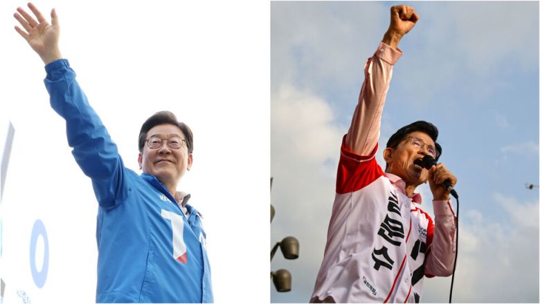 이재명 더불어민주당 대통령 후보(왼쪽·28일 서울 동대문)와 김문수 국민의힘 대통령 후보(20일 경기 하남)가 지지를 호소하며 인사하고 있다.