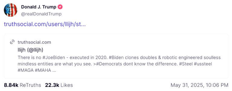 도널드 트럼프 미국 대통령이 31일 자신의 트루스 소셜 계정에 ‘바이든은 복제 로봇”이라는 음모론을 주장하는 포스팅을 공유했다.