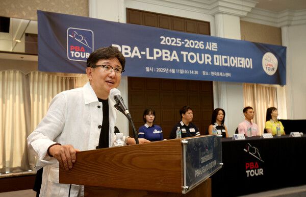 장상진 피비에이 부총재가 11일 서울 한국프레스센터에서 열린 프로당구 미디어데이 행사에서 발언하고 있다. PBA 제공