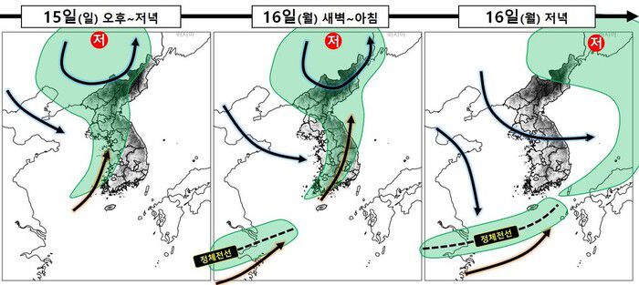 일요일인 15일부터 16일까지 내리는 비는 한반도 북쪽에 저기압이 지나면서 차고 건조한 공기가 내려와 기존 고온다습한 공기와 충돌해 만들어진 한랭전선이 한반도를 통과하면서 내리는 것이다. 기상청 제공