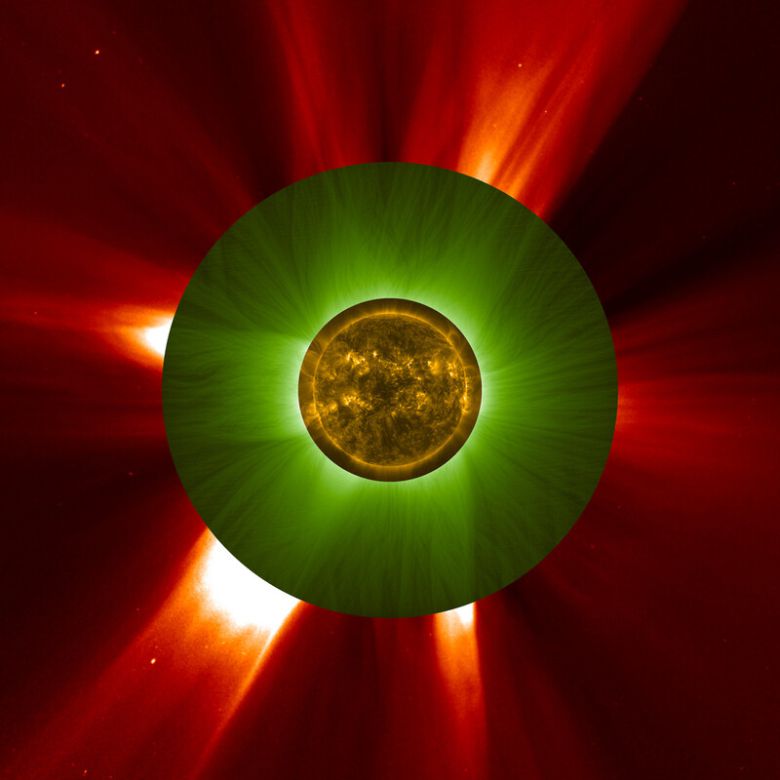 유럽우주국의 3개 위성이 촬영한 태양을 조합한 사진. 맨 안쪽은 프로바 2호 위성이 찍은 태양, 가운데는 이번에 프로바 3오 위성이 찍은 태양 코로나, 맨 바깥쪽은 소호 위성이 찍은 태양 코로나다. 유럽우주국 제공