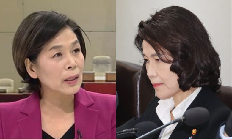 최민희 더불어민주당 의원(왼쪽), 이진숙 방송통신위원장이 지난 10일 서울 용산 대통령실에서 열린 국무회의에 참석할 때의 모습. 최 의원 페이스북 갈무리, 연합뉴스