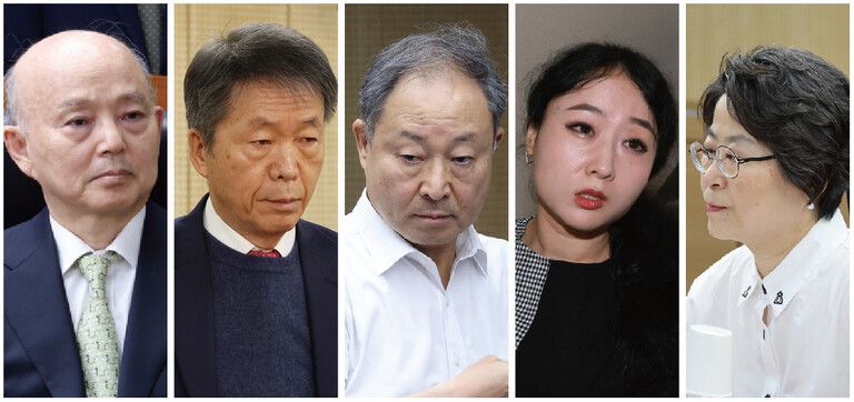 인권위 노조는 지난 2월10일 윤석열 방어권 보장 안건에 찬성한 인권위원들에 대해 ‘인적 쇄신 대상’이라며 사퇴를 요구하고 있다. 왼쪽부터 안창호 위원장, 김용원 상임위원, 한석훈·이한별·강정혜 위원. 김영원 기자 forever@hani.co.kr, 정용일 선임기자 yongil@hani.co.kr