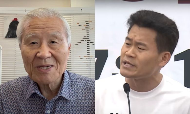 조갑제 조갑제닷컴 대표와 지난 14일 윤상현 국민의힘 의원이 주최한 ‘자유공화 리셋코리아를 위하여’ 행사에 참석한 전한길씨. 조갑제티브이(TV) 유튜브 갈무리, 케이엔엔(KNN) 뉴스 유튜브 갈무리