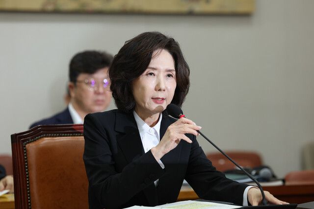 이진숙 교육부 장관 후보자가 16일 오전 서울 여의도 국회 교육위원회 전체회의에서 열린 인사청문회에서 발언하고 있다. 김영원 기자 forever@hani.co.kr