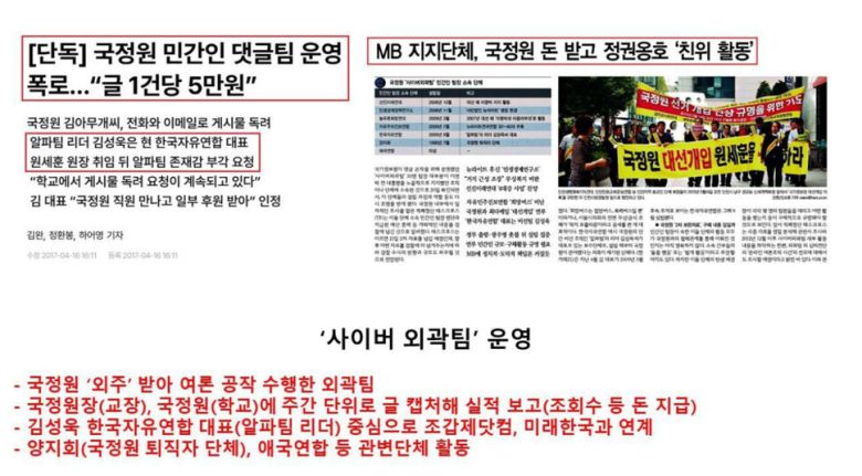 이명박 정부 국가정보원은 민간인 댓글팀을 고용해 대대적인 여론 조작에 나섰다. 황희두 노무현 재단 이사 제공