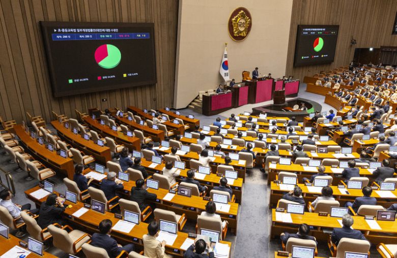 4일 국회에서 열린 본회의에서 초중등교육법 개정안이 통과되고 있다. 연합뉴스