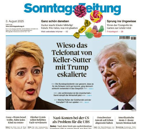 스위스의 일요 신문 ‘존탁스차이퉁’ 3일치 지면에 카린 켈러주터 스위스 대통령과 도널드 트럼프 미국 대통령의 통화를 다룬 기사가 실려 있다. 존탁스차이퉁 갈무리.