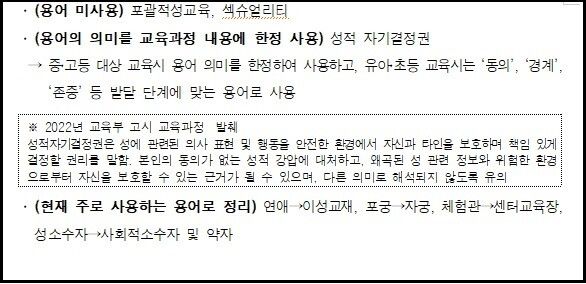 서울시가 시립청소년문화센터 6곳을 통합하는 과정에서 꾸린 ‘운영 매뉴얼 제작 티에프(TF) 회의’ 결과, 향후 성교육을 할 때 지양하라고 한 용어 목록. 서울시 공지문 갈무리