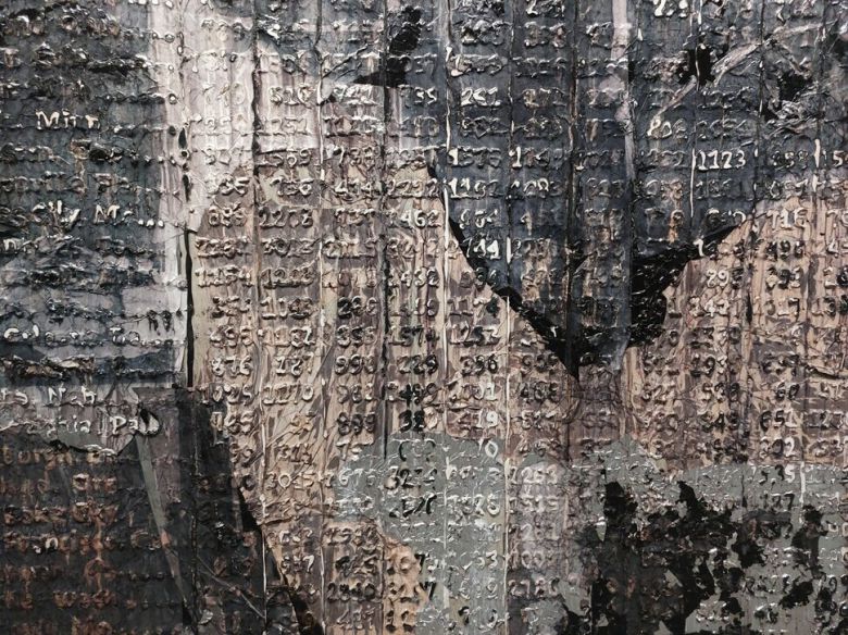 작가의 ‘기차 시간표’ 연작 중 일부인 올해 신작 ‘공기가 다 닳아 있었다’(The Air Was Worn Out)의 부분. 지난 세기 초 미국에서 백인들의 차별을 피해 거처를 옮겨간 흑인 600만명의 ‘대이주’를 역사적 모티브로 삼은 이 작품은 열차의 출발 시각과 행선지 지명을 담은 시간표를 모호한 추상적 화면으로 변형시켜 삶의 유동성에 따른 내면의 불안을 시각화시켰다. 노형석 기자