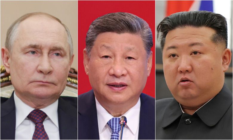 블라디미르 푸틴 러시아 대통령(왼쪽), 시진핑 중국 주석, 김정은 북한 국무위원장. 연합뉴스