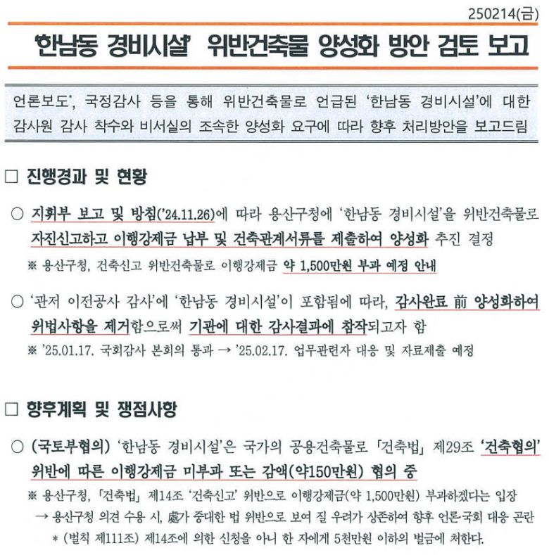 윤건영 더불어민주당 의원이 대통령기록관에서 받은 ‘윤석열 경호처’ 문건. 2022년 서울 한남동 대통령 관저에 불법 건축한 스크린 골프시설 양성화 방안을 검토한 내용이다. 윤건영 의원실 제공