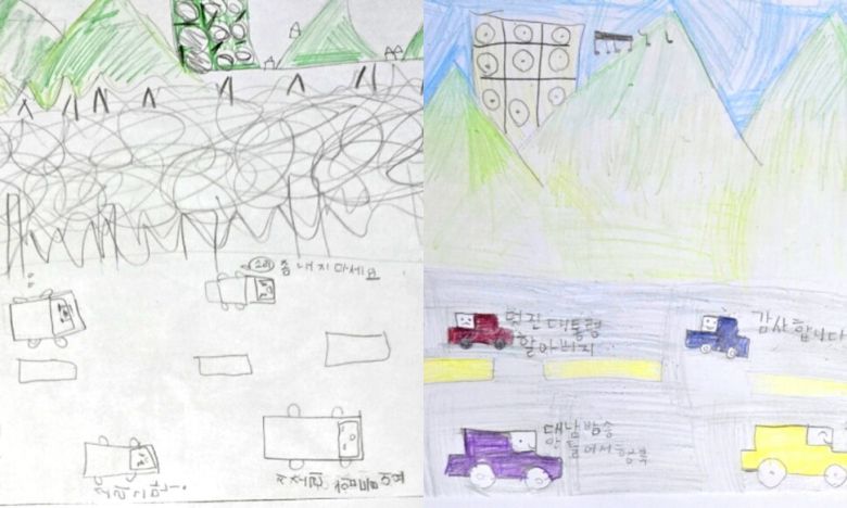 강화도 송해면 당산리에 사는 초등학생이 북한의 대남 확성기 방송이 한창이던 지난해 10월 그린 그림(왼쪽)과 방송이 멈춘 뒤 그린 그림(오른쪽). 안미희씨 제공