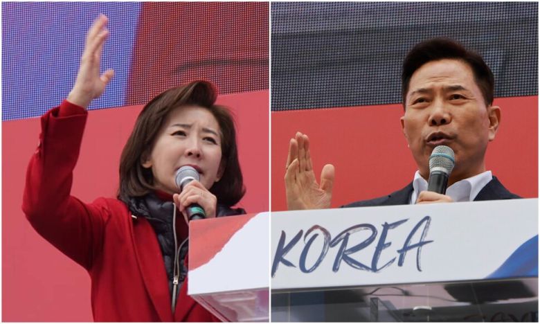 지난 3월1일 서울 여의대로에서 세이브코리아가 연 ‘3·1절 국가비상기도회’에 참석한 나경원 국민의힘 의원과 손현보 목사. 나 의원 페이스북 갈무리, 연합뉴스