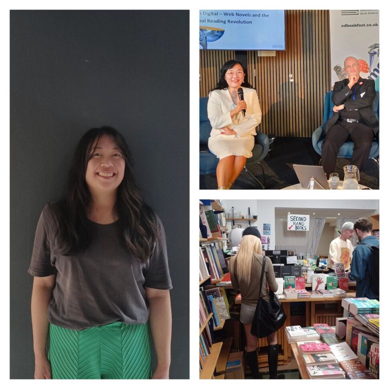 지난 7월30일 영국 런던 주영한국문화원에서 한겨레와 인터뷰한 독립출판사 틸티드 액시스 프레스의 대표 크리스틴 비다 알파로(왼쪽). 그는 최근 안톤 허의 번역으로 출간한 박서련 작가의 ‘체공녀 강주룡’을 “올해 기대작”이라고 말했다. 2025 에든버러 국제 도서 축제에 지난 8월12일 연사로 참여한 선승혜 주영한국문화원장(오른쪽 위 사진 왼쪽)은 한겨레에 “한국 웹 소설에 대한 관심도 늘고 있다”며 “케이팝, 드라마, 문학, 미술이 서로 맞물려 영국 대중의 호응을 엄청나게 불러일으키고 있다”고 말했다. 팔레스타인 관련 서적들을 눈에 띄게 ‘큐레이션’한 런던의 독립서점 ‘벌리 피셔 북스’(오른쪽 아래). 이 서점 대표는 독립출판사도 운영한다. 임인택 기자