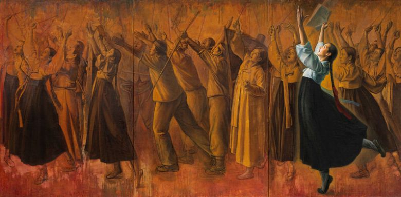 재일동포 화가 김석출씨의 기증작품전에 나오는 길이 약 4m짜리 대작 ‘되돌아보는 유관순’(2007). 광주시립미술관 제공