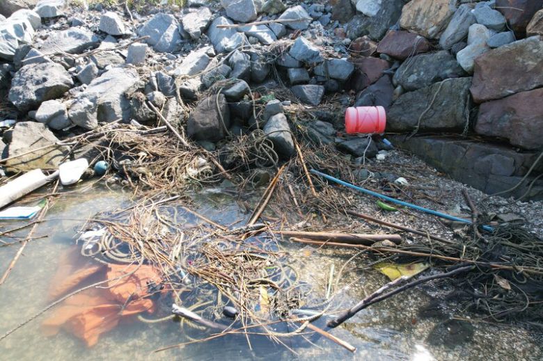 고흥군 백일리의 항구 해양보호구역인데 어업 쓰레기. 밧줄과 스티로폼, 플라스틱 통이 수변에 널려 있다. 녹색연합 해양환경기록단