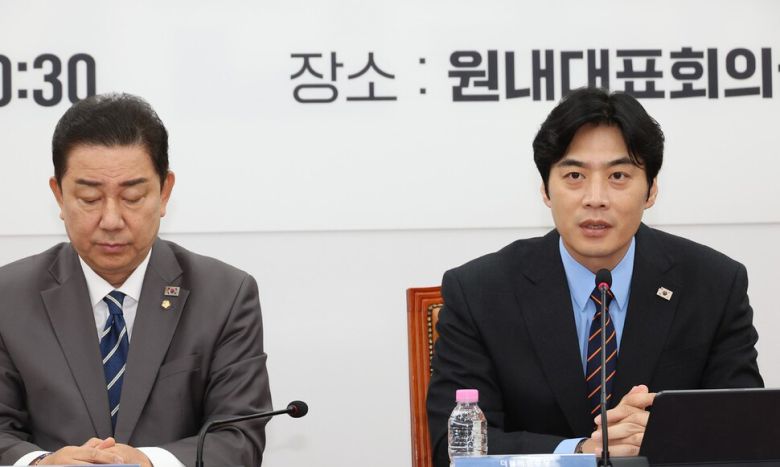 7일 서울 여의도 국회에서 열린 더불어민주당 검찰 조작기소대응 TF 발대식에서 한준호 단장이 발언하고 있다. 연합뉴스