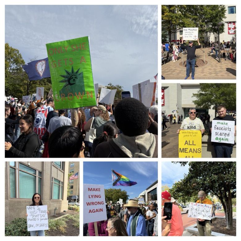 18일(현지시각) 미국 워싱턴 중심 펜실베이니아 에비뉴에는 ‘노 킹스(No Kings)’ 시위에 참석하려는 수만명의 사람들이 다양한 팻말을 들고 있다. 워싱턴/김원철 특파원