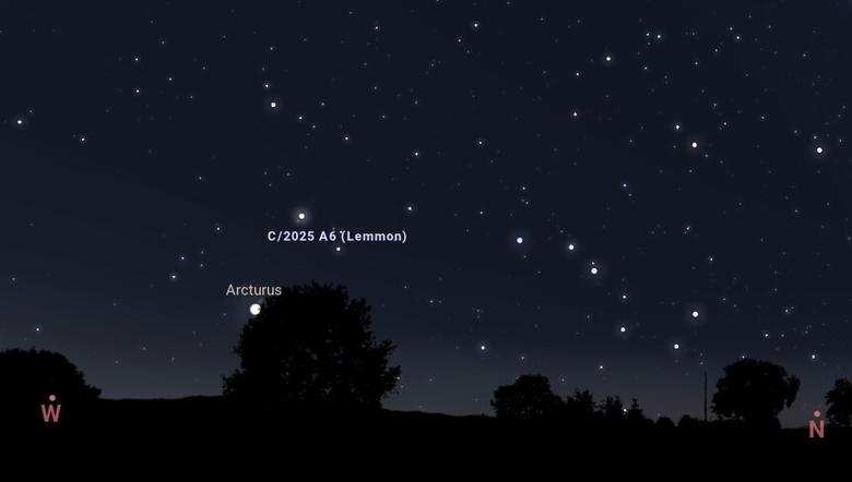 10월21일 저녁 7시의 C/2025 A6(레몬) 혜성 위치도. 스텔라리