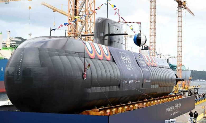 지난달 22일 한화오션 거제 사업장에서 장보고‑Ⅲ 배치‑Ⅱ 1번함 장영실함 진수식이 열리고 있다. 해군 제공