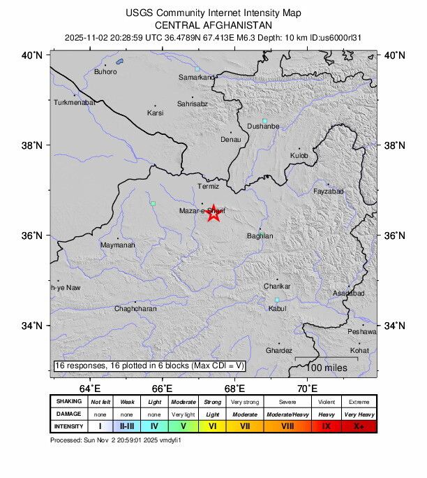 미국 지질조사국(USGS)이 제공한 아프가니스탄 피해 지도. EPA 연합뉴스