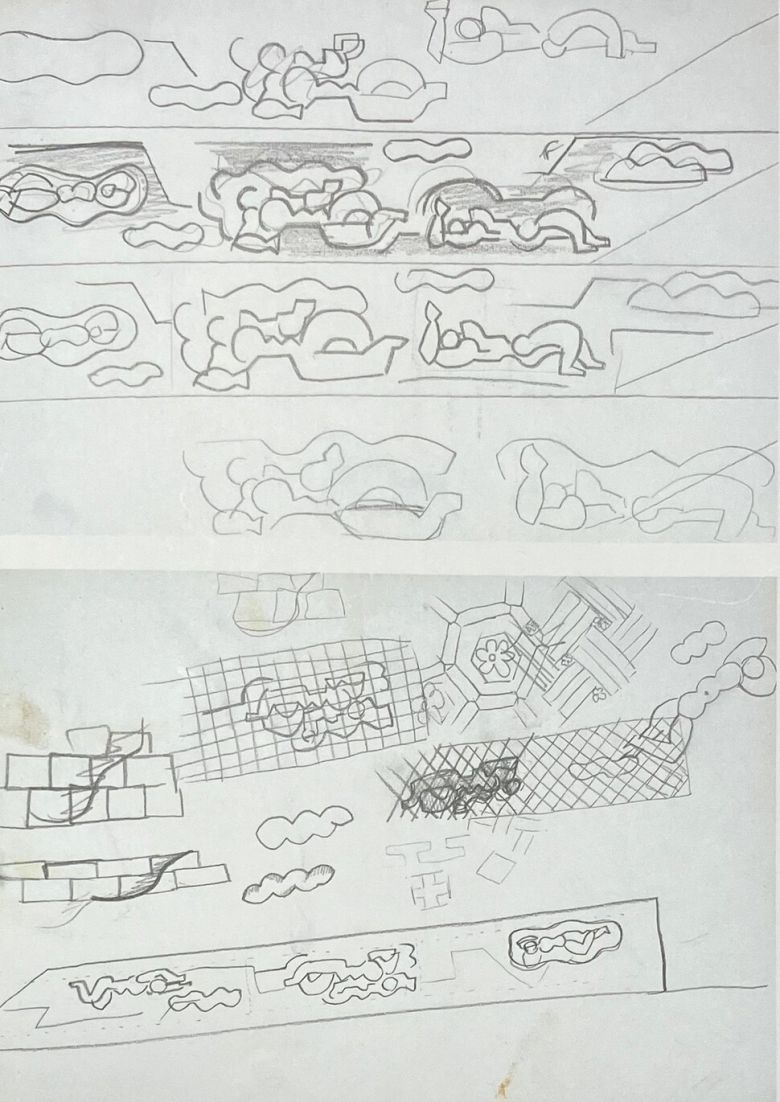 오윤 작가가 벽화 작업을 앞두고 연필로 그린 여러 밑그림들. 오윤 20주기 도록에 실린 도판이다.
