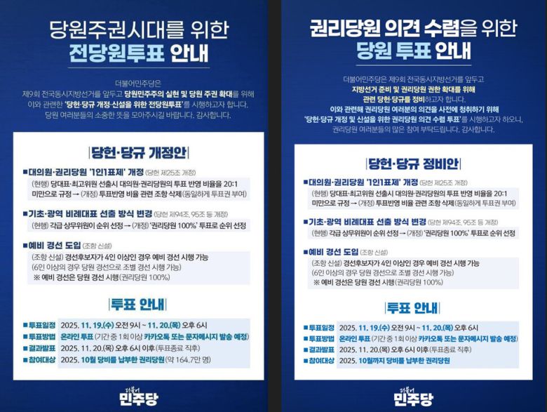 16일 전당원 투표를 알리는 온라인 포스터(왼쪽)와 의견 수렴을 위한 당원 투표를 알리는 포스터.