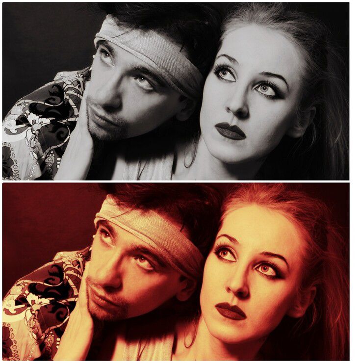 원본 흑백 사진과 원본을 기반으로 나노 바나나 프로가 색보정한 이미지. 암부는 붉은색 계열, 명부는 노란색 계열로 색보정을 하라고 지시했다. 원본은 클립아트코리아 제공