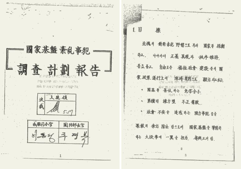 정치인·재야인사·학생을 계엄사령부 어떻게 역할을 나눠 검거할지에 대한 계획이 담긴 ‘국가기반 문란사범 조사계획 보고’ 문서. 최규하 대통령, 이희성 계엄사령관 겸 육군참모총장, 주영복 국방부 장관의 사인이 보인다. 국가기록원 행정기록관
