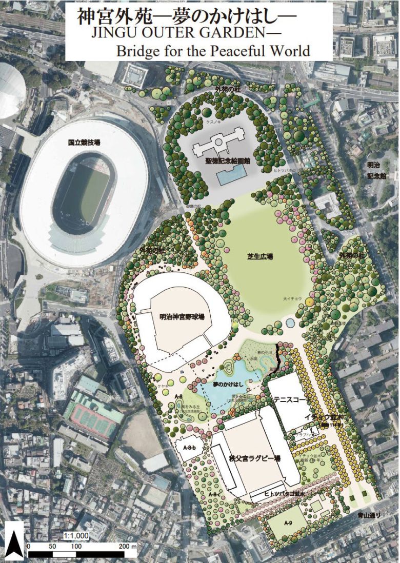 2022년 10월3일, 이코모스(국제기념물유적협의회) 일본위원회가 ‘메이지신궁 외원의 보존과 계승에 대한 제언’이란 이름으로 공식 발표한 보고서의 표지 도면. 재개발로 훼손 위험에 처한 메이지신궁의 외원 권역을 담고 있다.