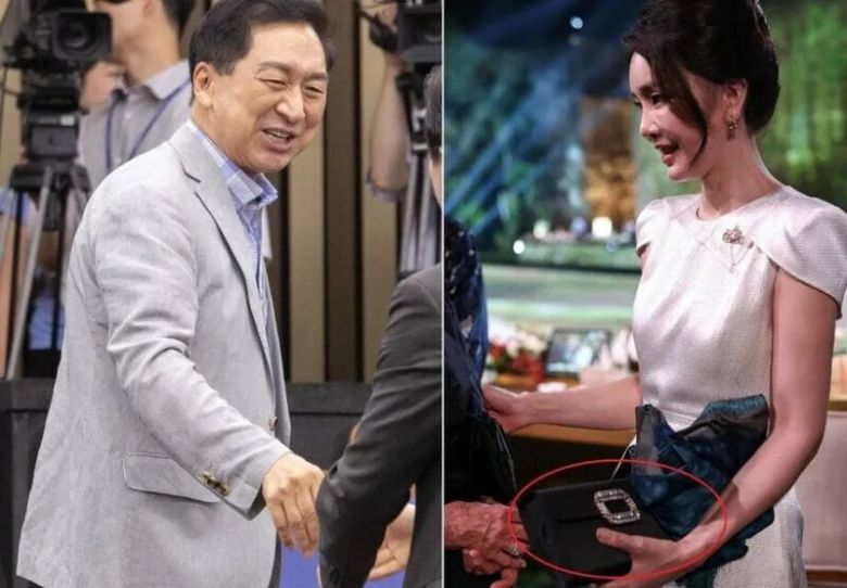 지난 8월27일 국회에서 열린 국민의힘 의원총회에 참석하는 김기현 국민의힘 의원(왼쪽). 오른쪽은 김건희 여사가 2022년 주요 20개국(G20) 환영 만찬에서 로저 비비에 브랜드의 클러치백을 든 모습. 연합뉴스