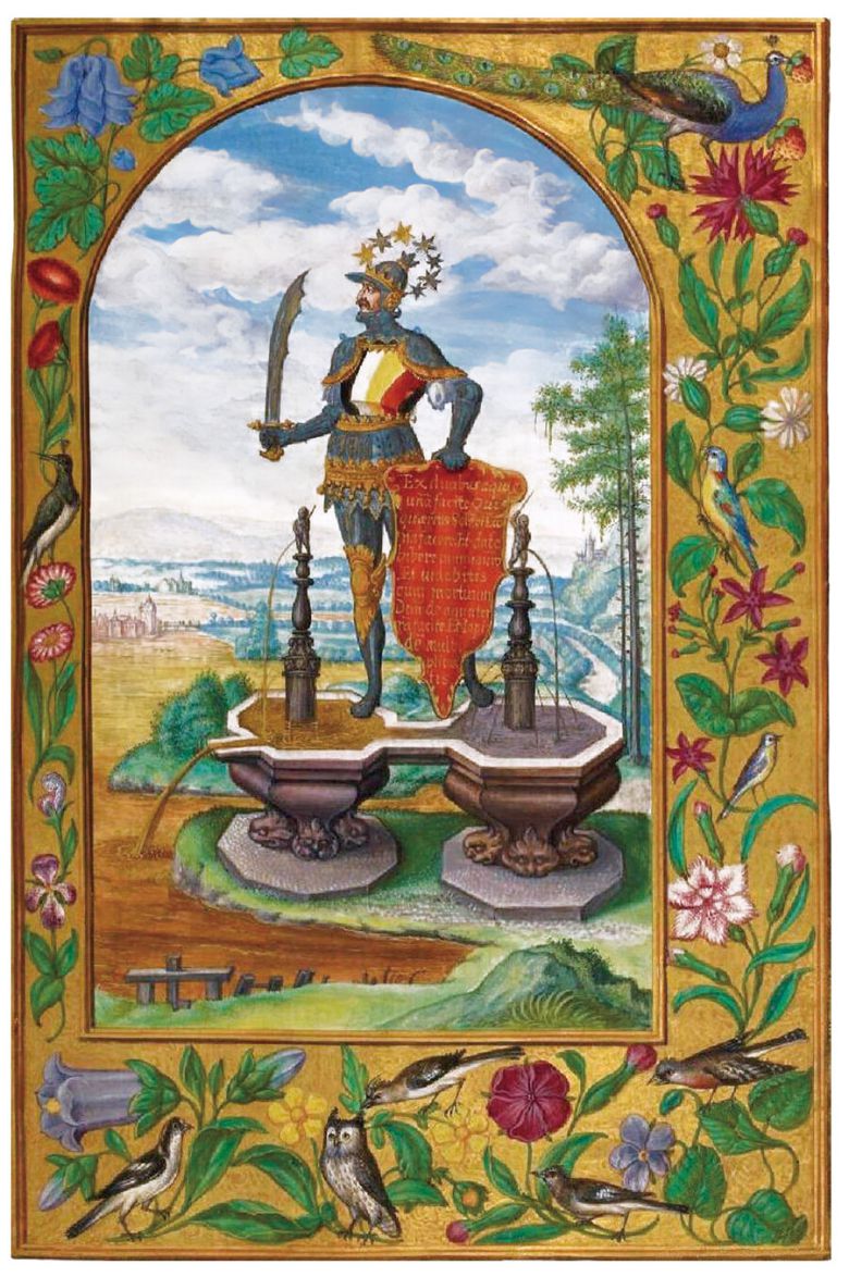 연금술을 묘사한 살로몬 트리스모신의 16세기 그림 ‘스플렌도르 솔리스’. 좌우의 우물은 모든 금속의 기본 성분인 황(붉은색)과 수은(흰색)으로 이뤄진 두 개의 물을 상징한다. 이것들은 결합 원리, 즉 검(비밀의 불)을 휘두르는 기사에 의해 하나가 된다. 투구 위 일곱 개의 별은 일곱 개의 행성과 일곱 개의 금속이다. 영국 국립도서관 소장, 나남 제공