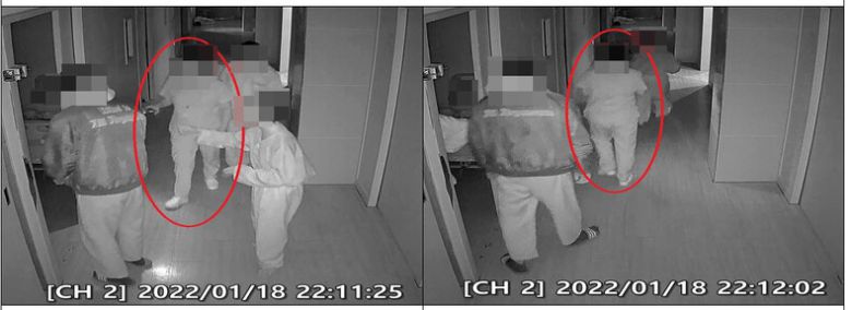 2022년 1월18일 반구대병원 폭행·사망 피해자 김도진씨(가명, 사망 당시 32살)가 의식을 잃고 쓰러진 뒤 간호사가 처음 모습을 드러내는 순간. 가해자들에게 괴롭힘을 당한 모습이 시시티브이에 나온 지 27분 만이었다. 인권위 사건 조사결과보고서에 첨부된 사진이다.