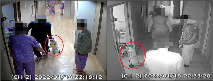 2022년 1월18일 반구대병원 폭행·사망 피해자 김도진씨(가명, 사망 당시 32살)가 병실 내에 쓰러지자 보호사가 병실 입구로 응급조치를 하기 위해 산소통을 가져오고 있다. 하지만 이들은 산소통을 연결할 줄을 찾지 못했다. 오른쪽 사진 맨 오른쪽에서 가해자 중 한 명이 이 광경을 지켜보고 있다. 인권위 사건 조사결과보고서에 첨부된 사진이다.