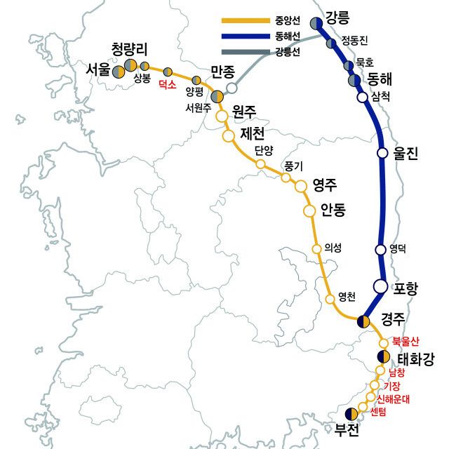 중앙선·동해선·강릉선 노선도. 부산시 제공