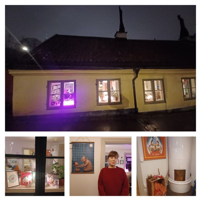 지난 8일 방문한 국외 문학 전문 출판사 트라난·트라스텐의 내외 풍경. 트라스텐의 클라라 크론이 백희나 작가의 작품 ‘장수탕 선녀님’의 도판 앞에 서있다. 1700년대 지어진 건물로 재래식 목재 난로(아래 오른쪽)가 사무실 한쪽에 설치되어 있다. 임인택 기자