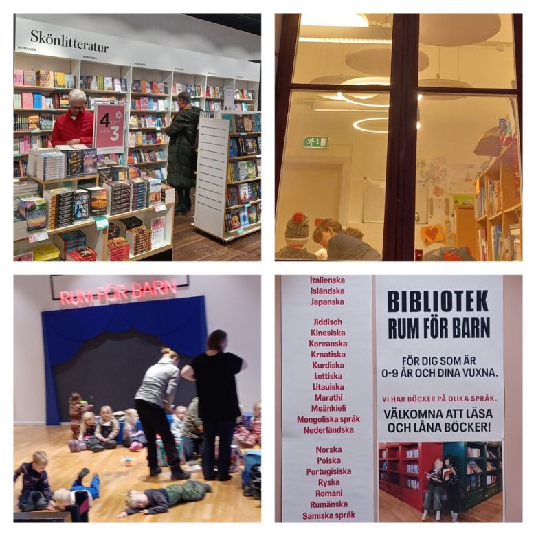 스톡홀름에서 100㎞ 떨어진 인근 도시 베스테로스 중심가 서점에서 지난 12일 시민들이 책을 골라보고 있다(위 왼쪽). 오후 5시께 이 도시 시청사에서 책을 읽는 아이들(위 오른쪽). 지난 9일 스톡홀름 중심가에 있는 쿨투르후세트 내 0~9살 어린이 대상 도서관 ‘룸 푀르 바른’ 앞에 모여 있는 아이들과 교사들(아래 왼쪽). 이 도서관 입구엔 한국어 포함, 54개 언어로 비치된 도서 관련 안내문(아래 오른쪽)이 붙어 있다. 2007년부터 여기서 일한 사서 안나 에클룬드는 지난 5일 오후 한겨레에 “근래 체코어 책을 분실해 1개국이 줄었다”고 웃으며 말했다. 임인택 기자