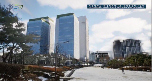 종묘 외대문을 나서 종묘광장공원으로 들어선 지점에서 본 개개발이 진행된 이후의 세운 4구역 모습. 서울대 환경계획연구소 경관정원연구센터 제공