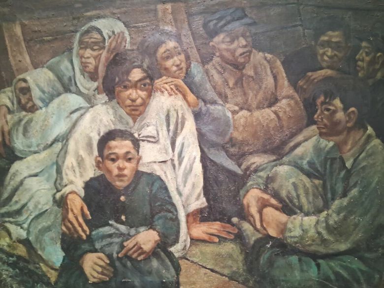 재일한인작가 김희려가 1961년 그린 유화 ‘밀항’의 세부. 1섹션 ‘재일코리안의 시점’ 전시장에서 만날 수 있다. 재일코리안 미술작품보존협회 소장품이다. 노형석 기자