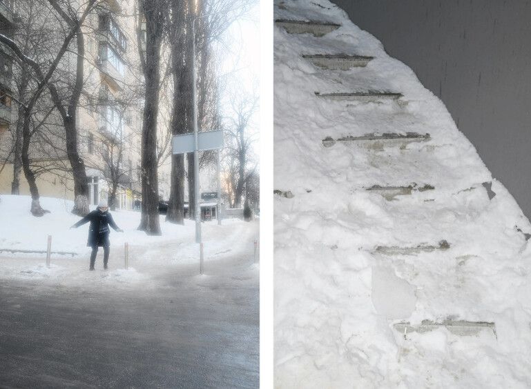 20일 우크라이나 키이우의 타타르스카 거리가 얼어붙은 가운데 한 여성이 조심스레 길을 건너고 있다. 커피숍으로 이어지는 계단에는 눈이 가득 쌓여 있다. 키이우 인디펜던트 갈무리.