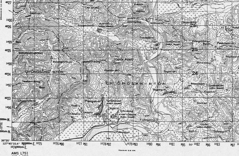 미군이 제작한 군사지형도 AMS L751에 충북 옥천군 청산면 노루목재 사건이 발생한 청산(CR9223) 위치가 표시되어 있다. 미국 텍사스대 도서관
