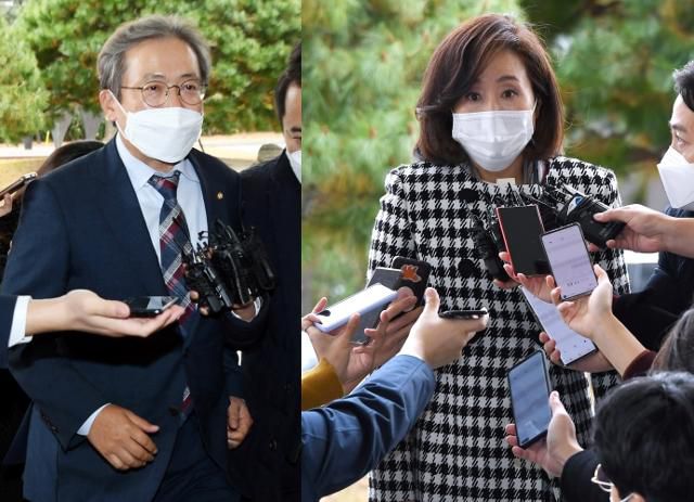 국회 법제사법위원회 소속 송기헌(왼쪽) 더불어민주당 의원과 전주혜 국민의힘 의원이 9일 서울 서초구 대검찰청에서 열린 대검찰청과 법무부의 특수활동비 집행 내역 현장 검증에 참석하고 있다. 국회사진취재단