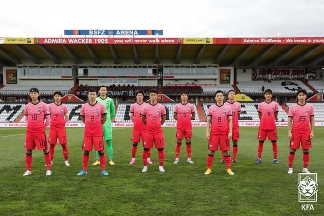 남자축구국가대표팀이 17일(현지시간) 오스트리아 마리아엔처스도로프 BSFZ아레나에서 열린 카타르와 평가전에 앞서 포즈를 취하고 있다. 대한축구협회 제공