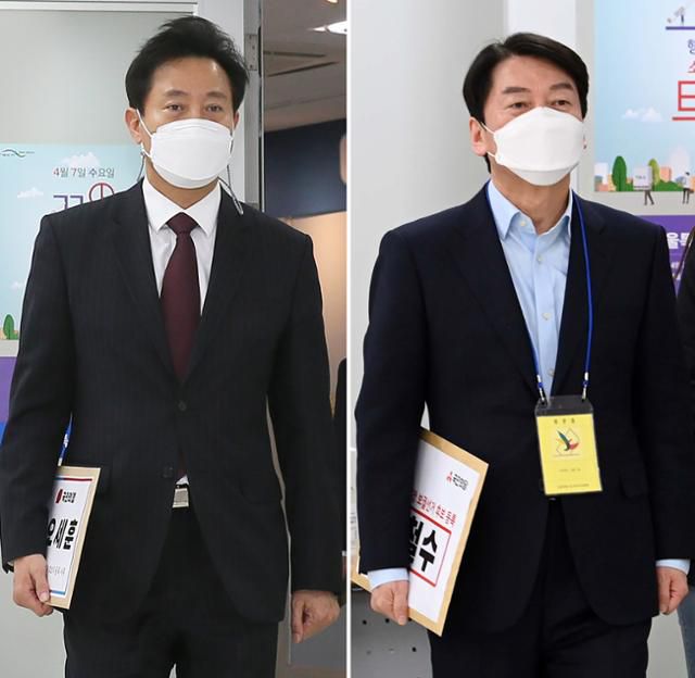 4·7 서울시장 보궐선거에 나선 오세훈(왼쪽 사진) 국민의힘 후보와 안철수 국민의당 후보가 19일 종로구 서울시선거관리위원회원회에 후보자 등록을 하기 위해 들어서고 있다. 연합뉴스