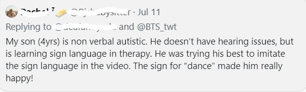 그룹 방탄소년단의 신곡 '퍼미션 투 댄스' 뮤직비디오 속 수어춤을, 말하는 게 불편한 네 살 아들에게 보여줬다는 네티즌의 글.