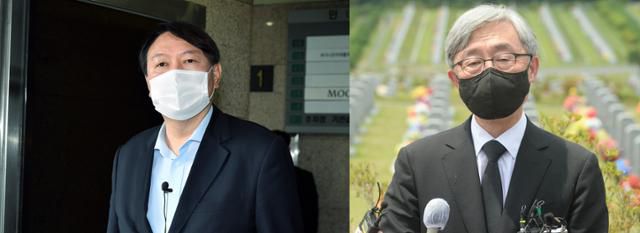 윤석열 전 검찰총장이 15일 서울 종로구 반기문재단에서 반 전 UN 사무총장을 예방한 뒤 소감을 밝히고 있다. 오른쪽 사진은 최재형 전 감사원장이 12일 대전 유성구 국립대전현충원에서 기자들 질문에 답하고 있는 모습. 국회사진기자단·대전=뉴스1