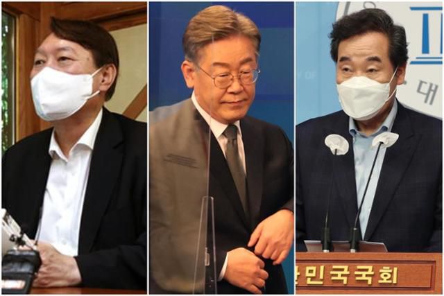 윤석열(왼쪽) 전 검찰총장과 이재명(가운데) 경기지사, 이낙연 전 더불어민주당 대표. 연합뉴스